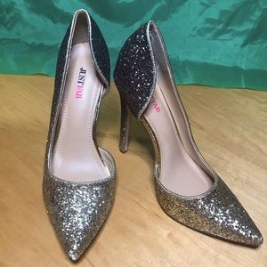Women’s Pointed Toe Stiletto Gold and Black Ombré Sparkle Heel Size 8.5